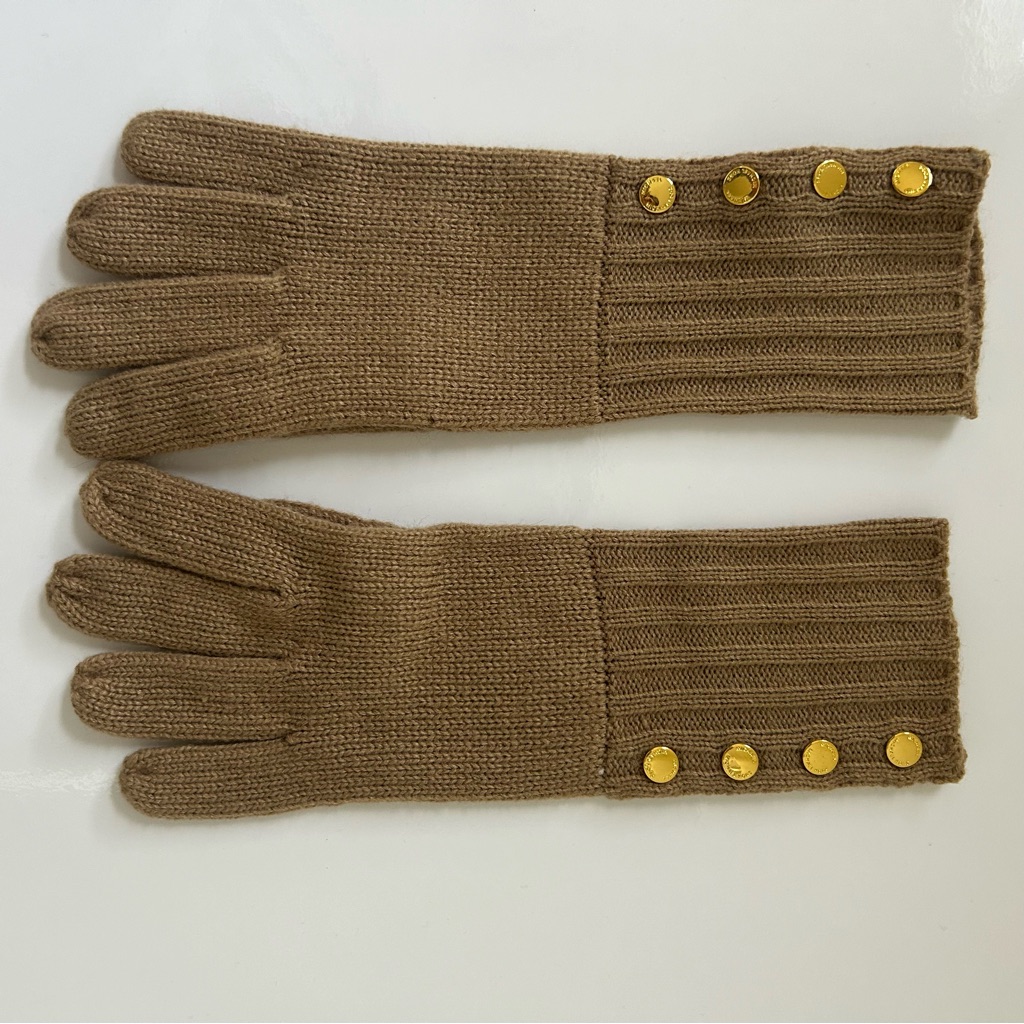 Michael Michael Kors Gloves Knit Tan Camel Neutral Gold Buttons Women’s One Size